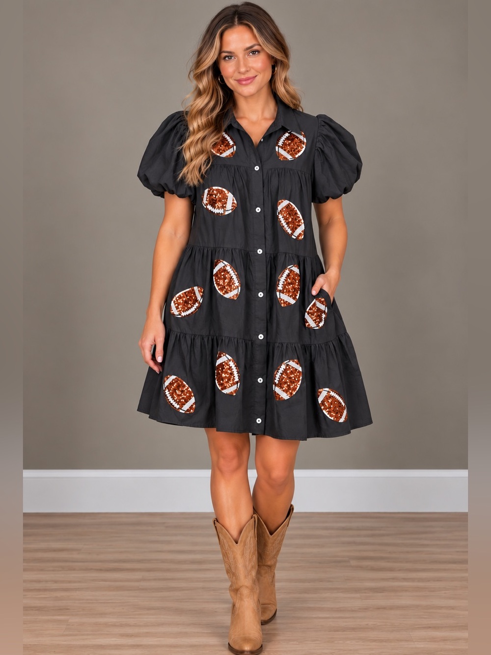 Peach Love California Black Tiered Puff-Sleeve Shirt Dress with Sequin Footballs